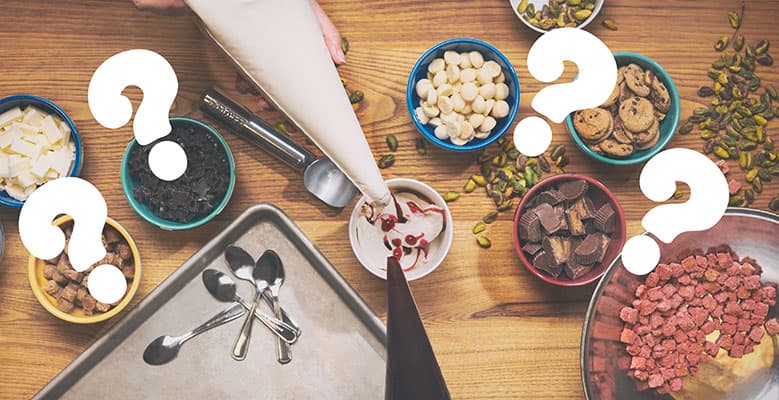 ice cream ingredients on table with overlaid question marks