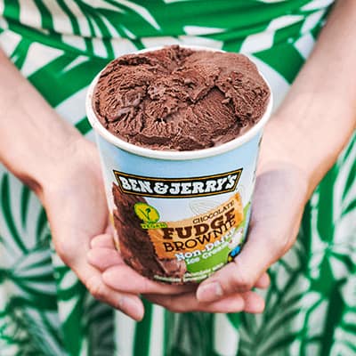 Some one holding a pint of Non-Dairy Chocolate Fudge Brownie