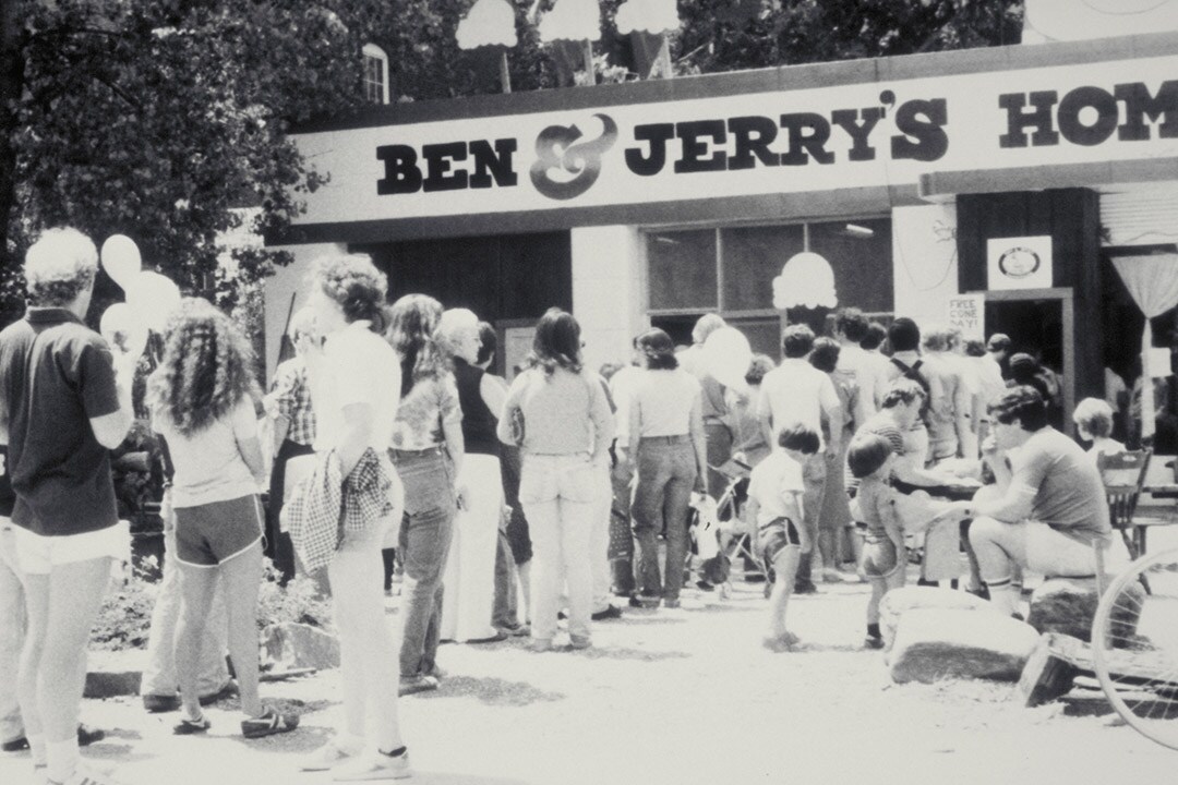 Nästa steg 1979, människor köar hos Ben & Jerry's
