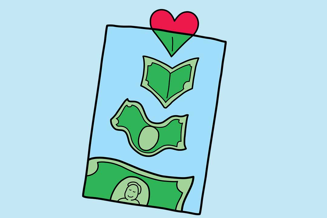 Pengar läggs i en påse med ett hjärta som förvandlas till en dollarsedel