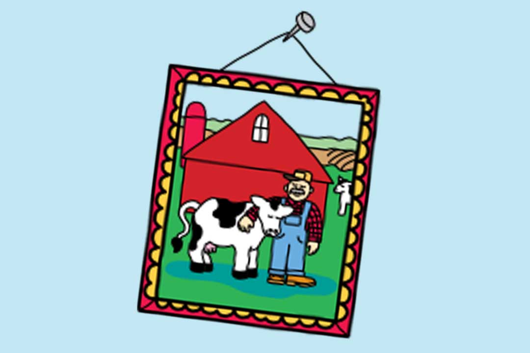 En bild på en bonde som kramar sin ko