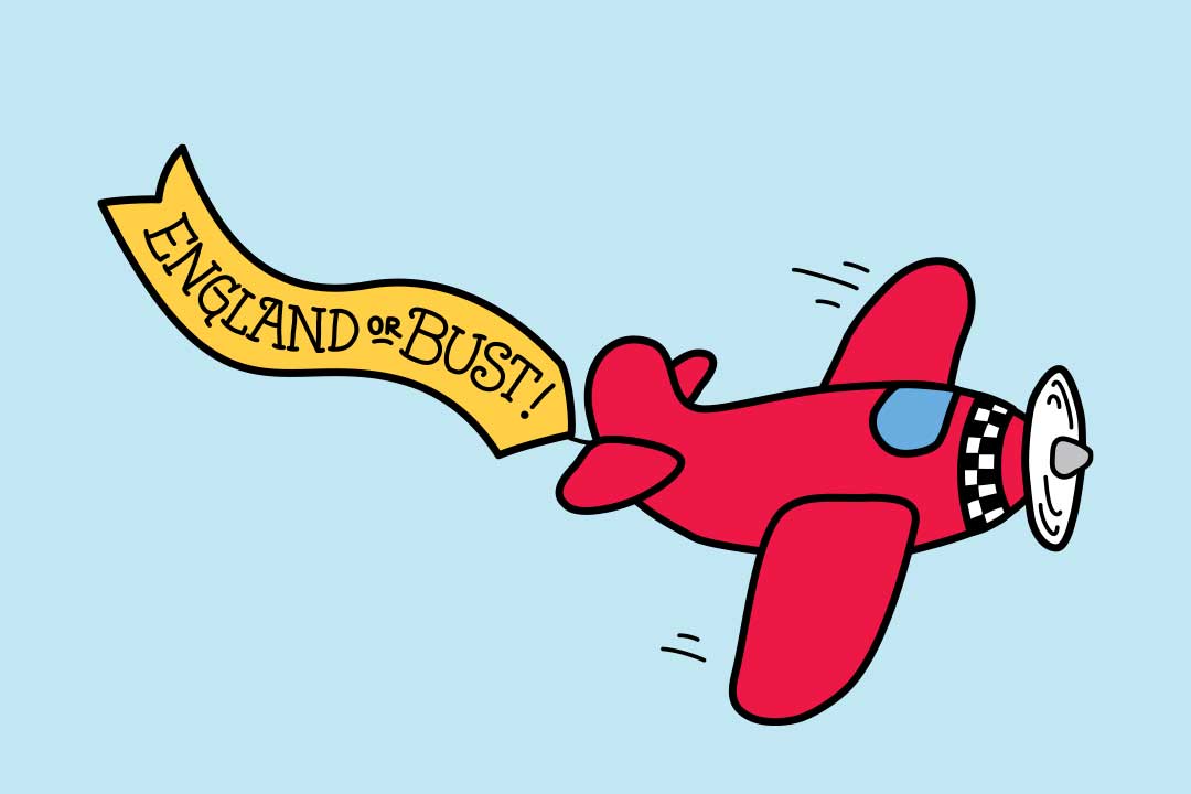 Ett plan flyger med en banderoll med texten ”England or Bust”