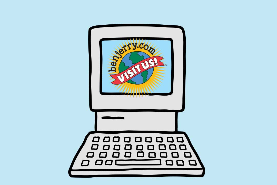 En dator med en skärm med texten Besök oss