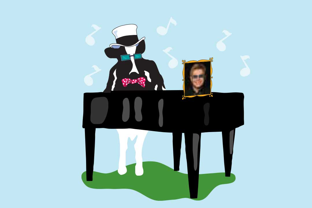 Kon Woodie med ett piano och en bild av Elton John