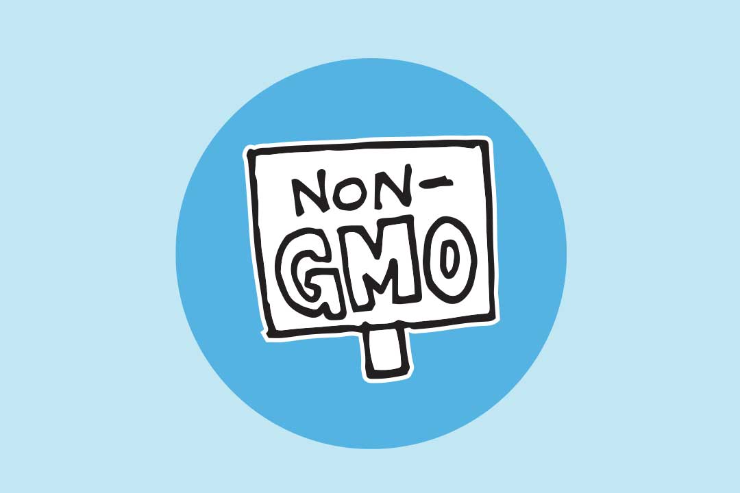 En skylt med texten ”no GMO”